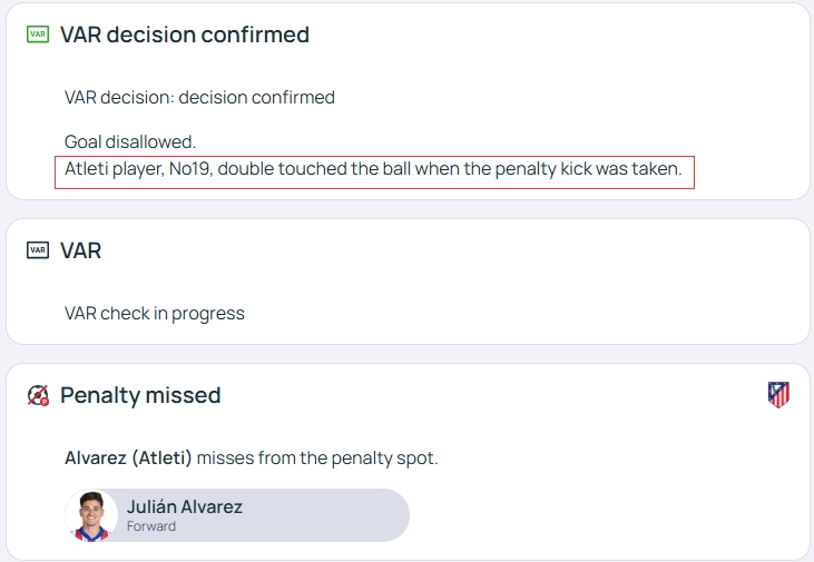 官方明確！歐冠官網(wǎng)：阿爾瓦雷斯罰點(diǎn)時2次觸球，VAR決定進(jìn)球無效